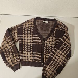 Hollister Brown Beige Plaid Button Cardigan Sweater V-Neck / Size S